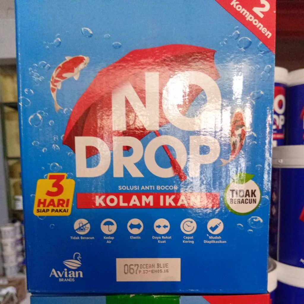 CAT KOLAM IKAN 2 KOMPONEN .ANTI REMBES BISA TEREDAM AIR MERK NO DROP KOLAM IKAN. WARNA BIRU