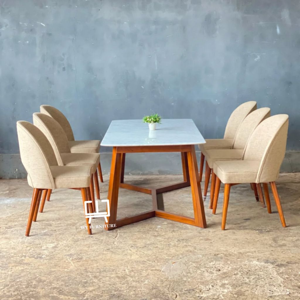 meja makan kayu jati top marmer mewah, set meja makan 6 kursi kayu jati, meja makan murah kayu jati