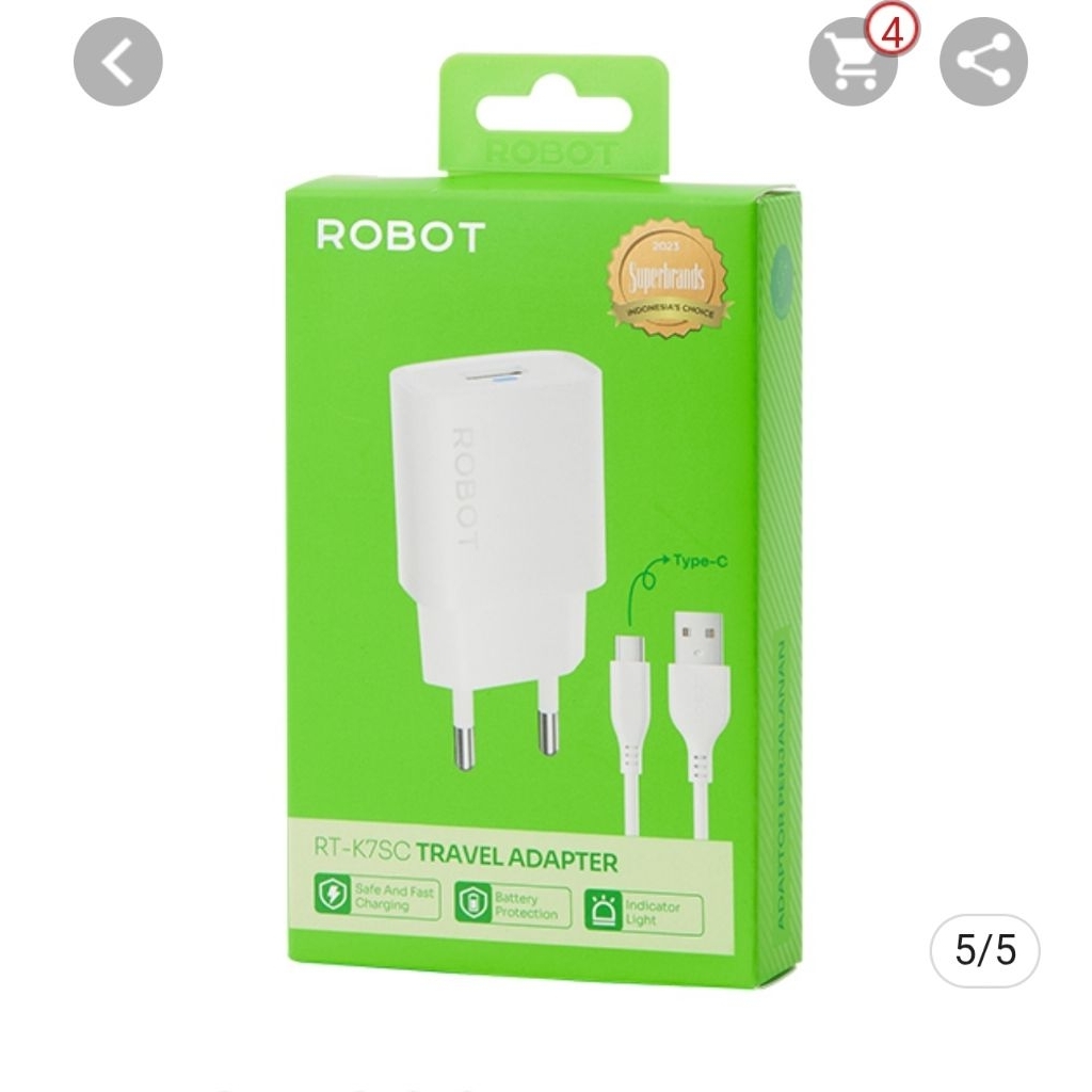 CHARGER ROBOT TyPE C.//USB KE TYPE C. ORIGINAL ROBOT.CASAN HP CASAN ADAPTOR PENGISIAN DAYA NEW PRODU