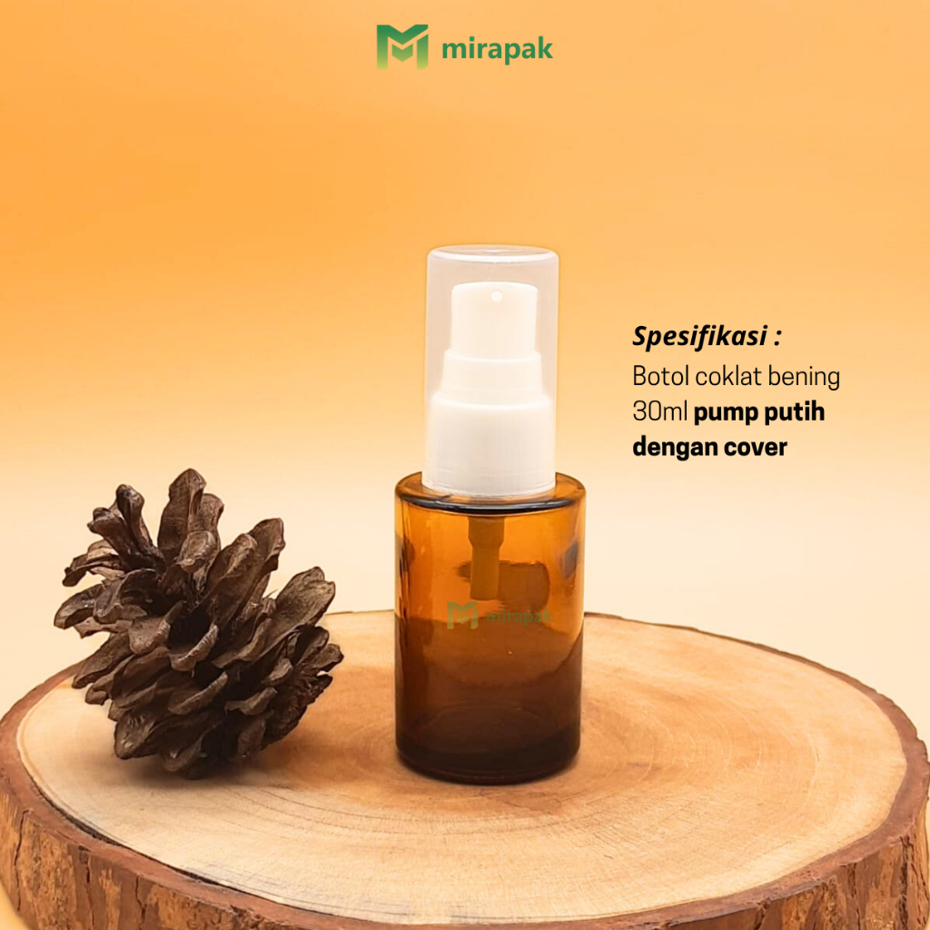 BOTOL PUMP LOTION 30ML COKLAT BENING BAHU DATAR KACA TEBAL - TUTUP PUMP PUTIH FULL COVER BENING - SE