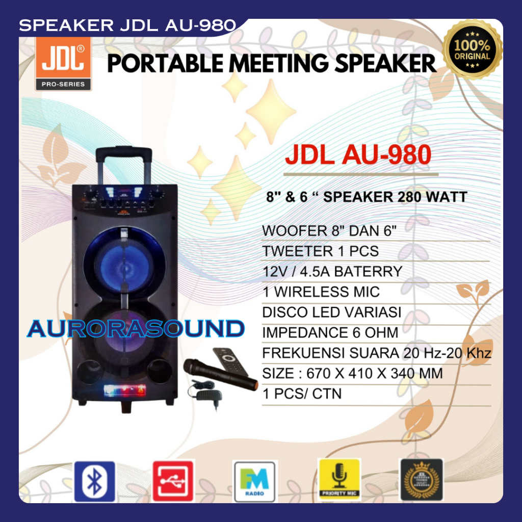 SPEAKER JDL AU-980 PORTABLE MEETING SPEAKER 280 WATT MIX 8" DAN 6" KARAOKE BLUETOOTH USB ORIGINAL