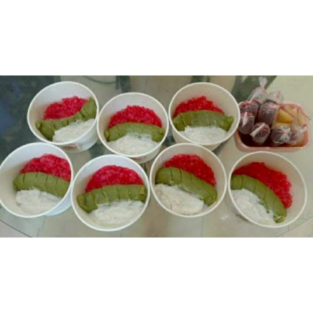ES PISANG IJO KOMPLIT MUTIARA, PISANG IJO, BUBUR SUMSUM, SKM, SIRUP