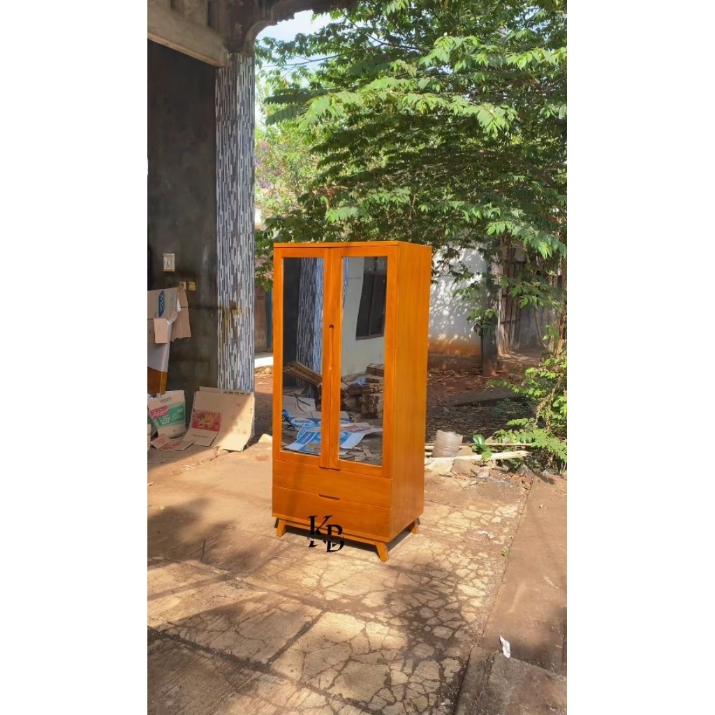 almari kayu jati 2 pintu kaca lemari gantungan