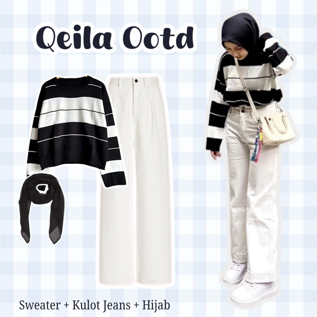 One Set Qeila { Sweater + Kulot Jeans Putih + Hijab } One Set Wanita Kekinian Cocok Untuk Hangout.