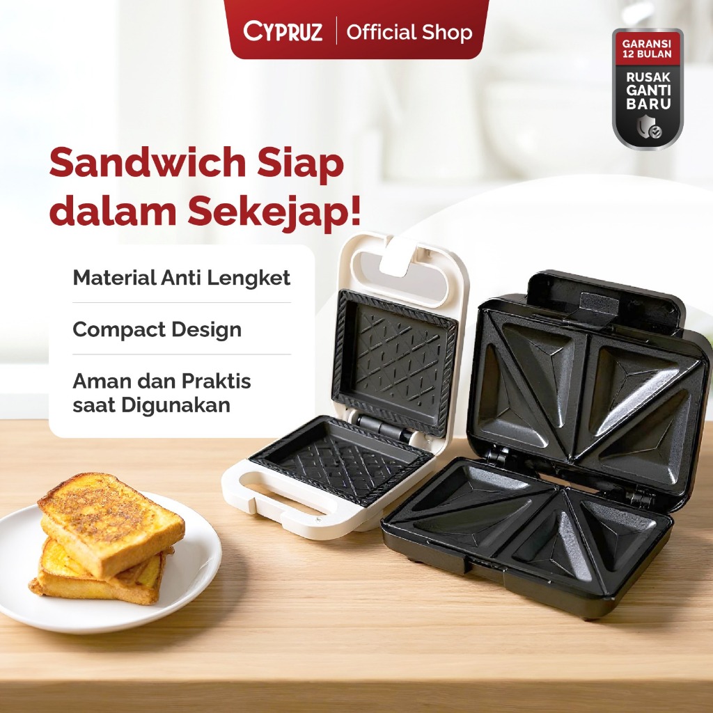 Cypruz Sandwich Maker Pemanggang Roti Anti Lengket Low Watt