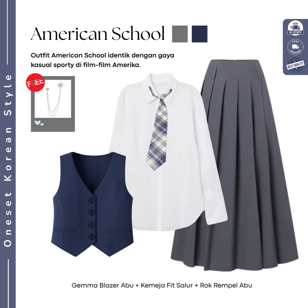 American School Yearbook Outfit (Vest Basic + Kemeja Basic + Rok Remple ) OOTD Yearbook Remaja - FO0