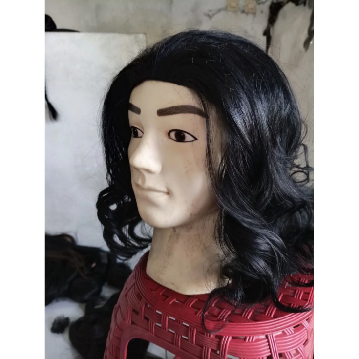 Wig Rambut gondrong Bergelombang Gaya Pria Amerika Rambut Palsu Ikal hitam