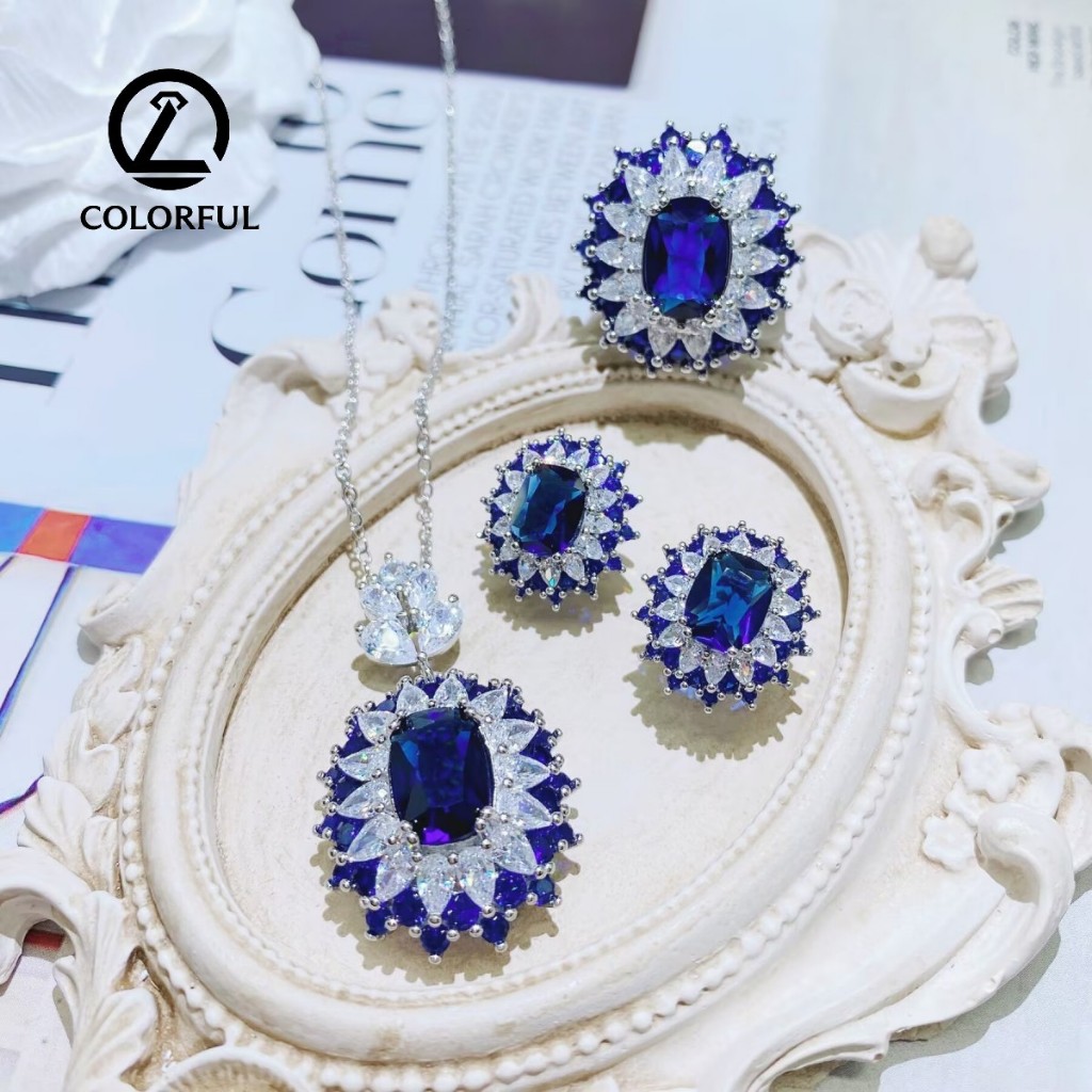 COLOS38  Liontin Batu Permata Berwarna Safir Kerajaan dengan Set Zamrud Cincin Terbuka Anting-Anting