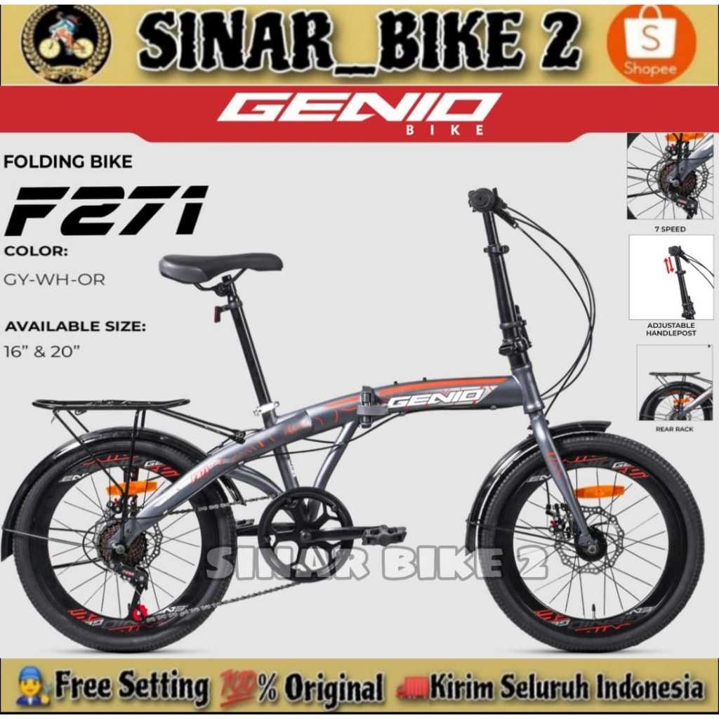 Sepeda Lipat  Remaja Dan Dewasa GENIO F271 F 271 Ukuran 16 20 Inch 7 Speed Boncengan Belakang