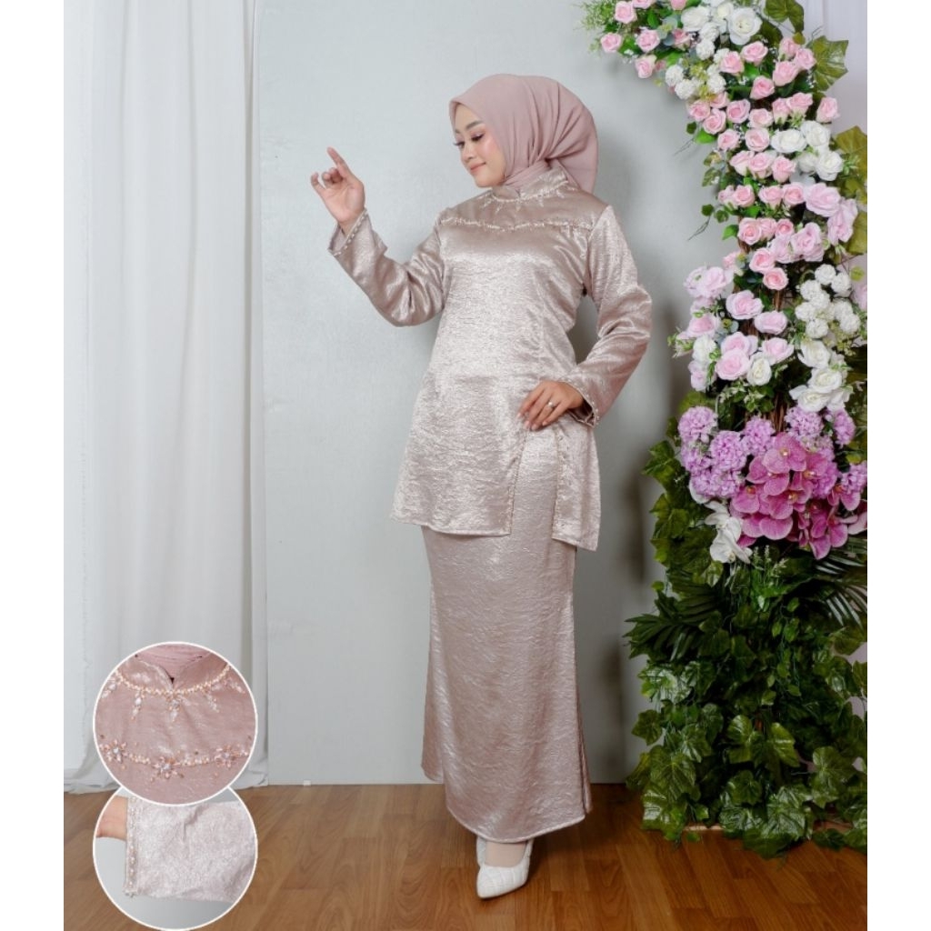 stelan kebaya lebaran / ETP pink fanta motif pisang / kebaya natal / kebaya pendek / stelan kutubaru