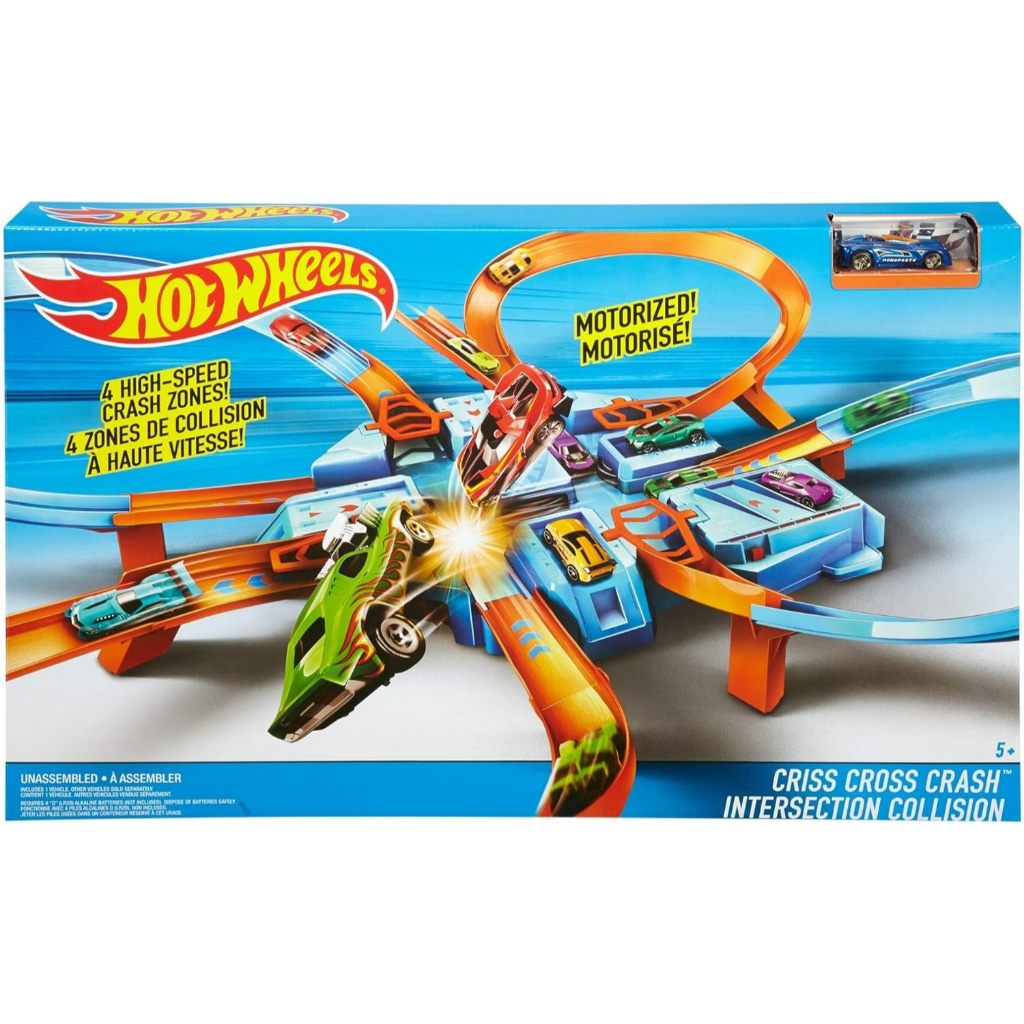 Exclusive  Hot Wheels Track Set with 1:64 Scale Toy Car, 4 Intersections for Crashing, Powered by a 