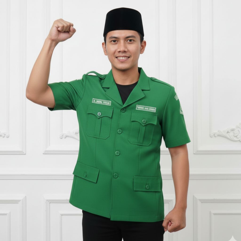 Jas Ansor Model Soekarno Hijau Resmi Nasional – Free Bordir Nama & Jabatan