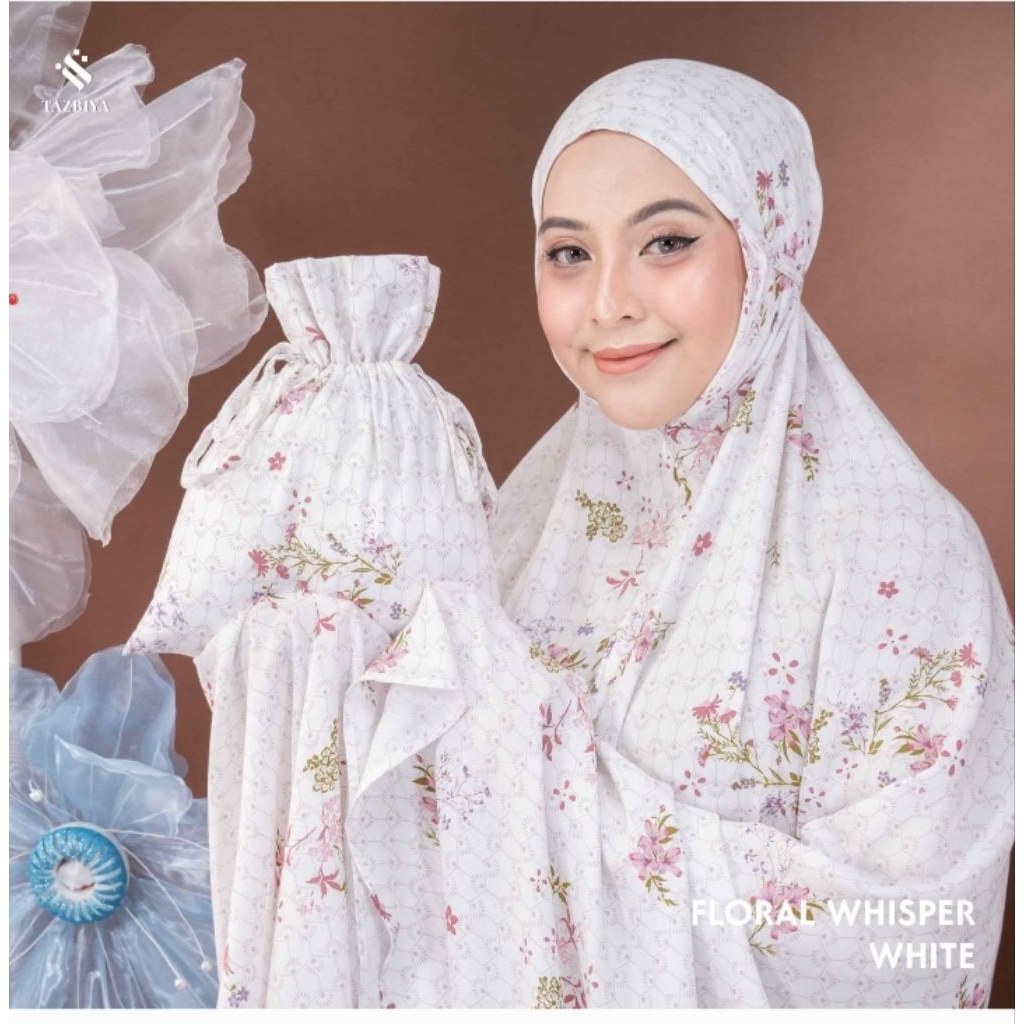 tazbiya Premium mukena floral whisper| mukena putih tazbiya|mukena motif bunga| mukena white tazbiya