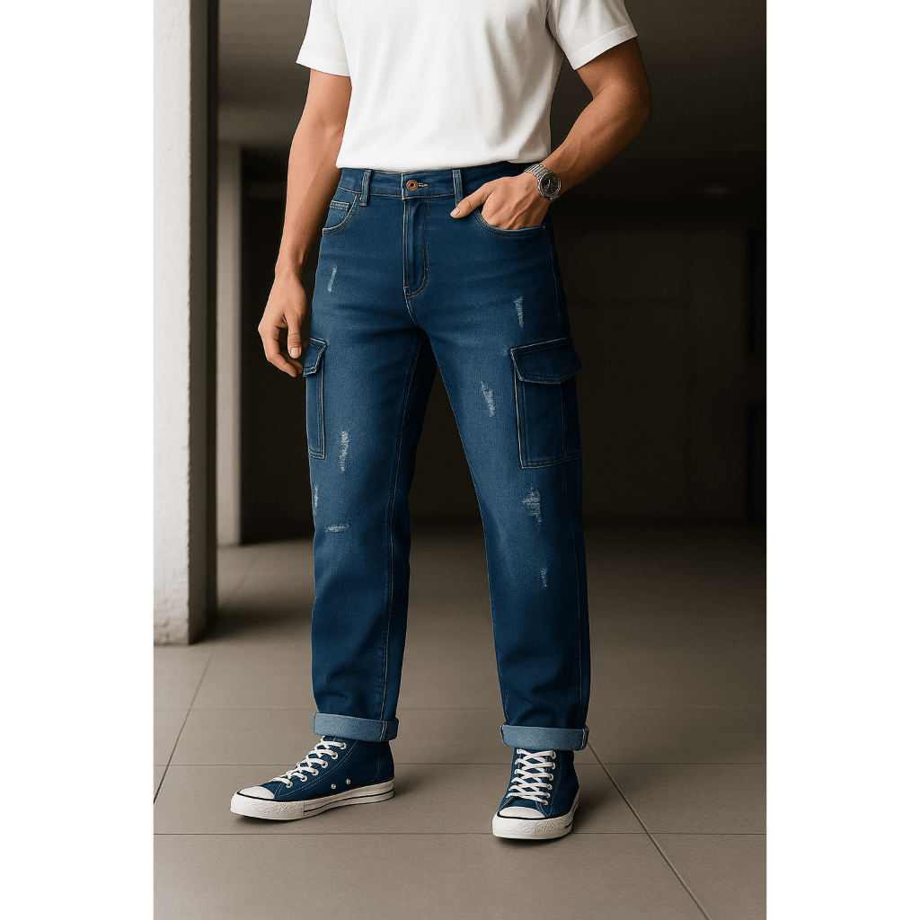 Celana Jeans Blue Panjang Pria Cargo