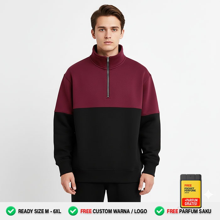 Sweater Half Zip Unisex Oversize Maron Hitam Sweatshirt Polo Pria Wanita Kekinian Casual Korea Style