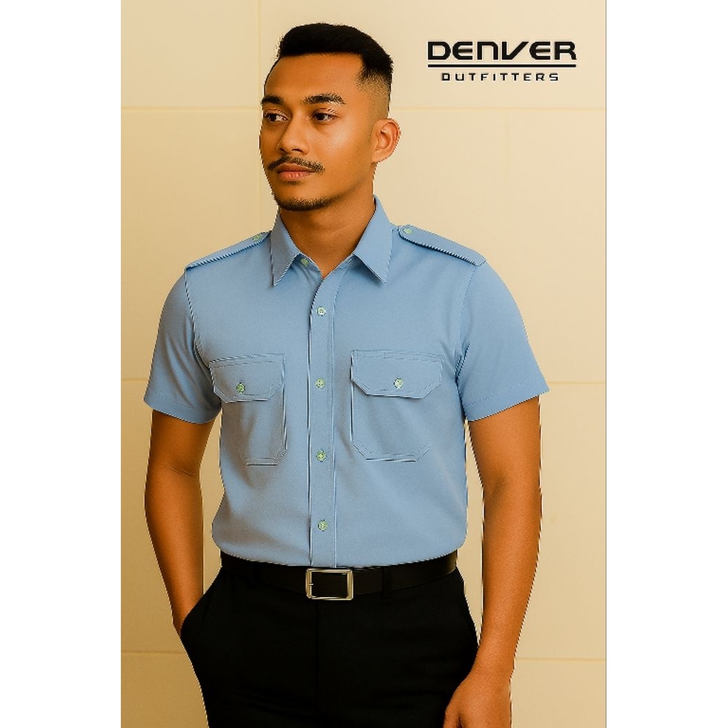 Kemeja Seragam PDH Biru Muda - Putih Tangan Pendek Bahan Tropical drill