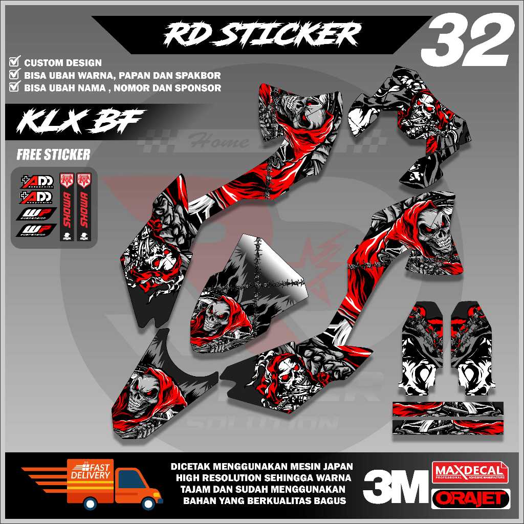 ( RD STICKER ) DECAL HONDA KLX BF STICKER FULL BODY MOTIF TENGKORAK TERBARU BISA REQUEST
