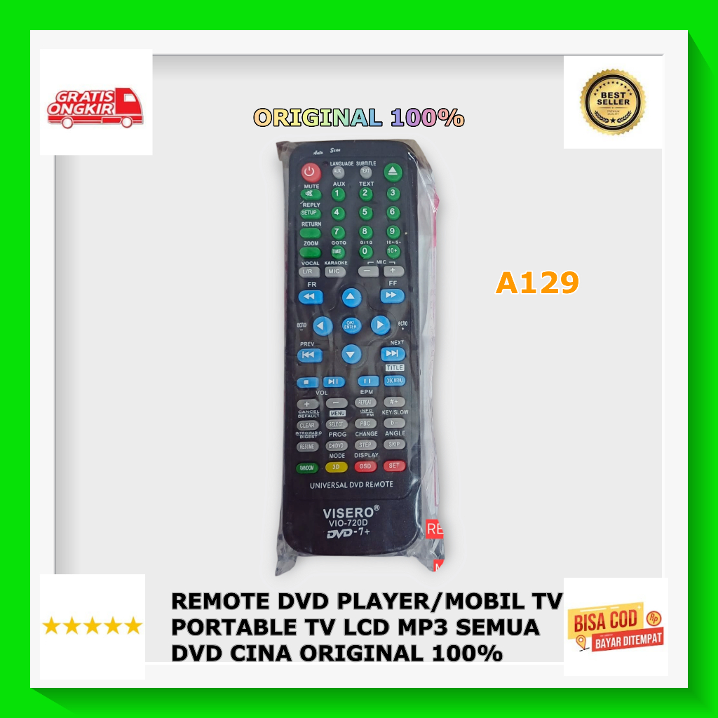 A129 REMOTE VISERO DVD PLAYER DVD MOBIL SERBA GUNA TV PORTABLE TV LCD MP3 CINA ORI 100% REMOT MULTI 