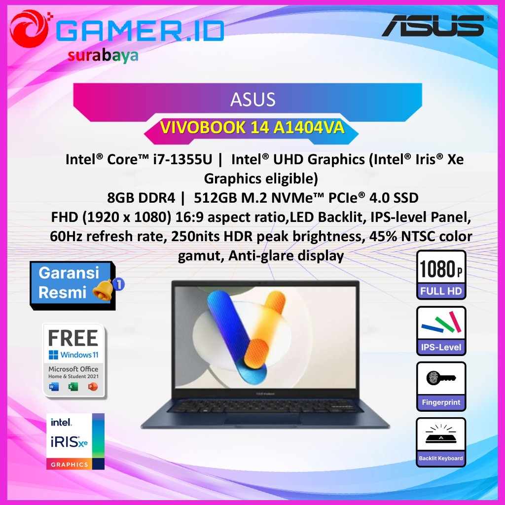 LAPTOP ASUS VIVOBOOK 14 A1404VA I7 1355 8/16GB 16/512GB/1TB 14.0FHD