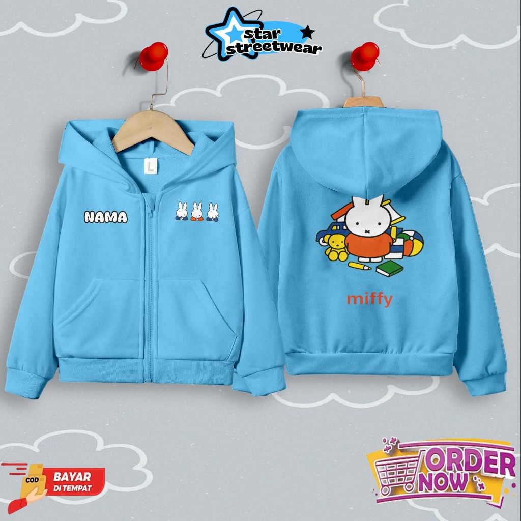 [FREE NAMA] Zipper Hoodie Anak Gambar Depan Belakang Motif MIFFY BUKU Bahan Premium UNISEX