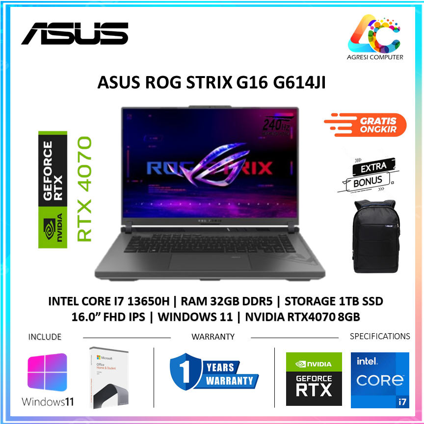 ASUS ROG STRIX G16 G614JI I7 13650 RTX4070 8GB/ 16GB 1TB W11 16.0FHD IPS