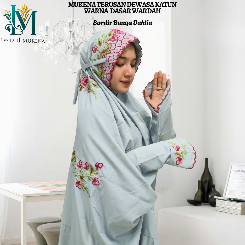 Mukena Terusan Dewasa Katun Polino Warna Biru Wardah Motif Bordir Bunga Dahlia