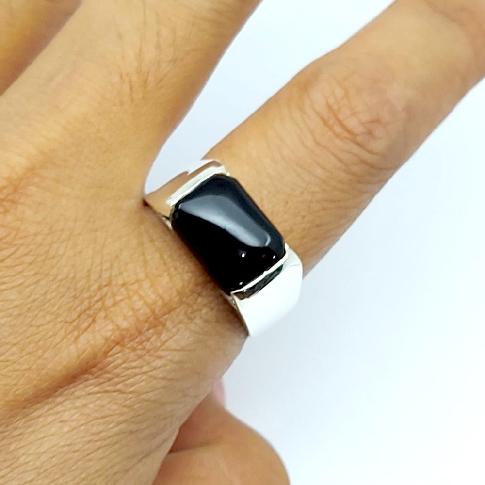 Cincin Ring Perak Silver Bali 925 Motif Simple Batu Natural Black Onyx Kotak Signet Wanita Pria Cust