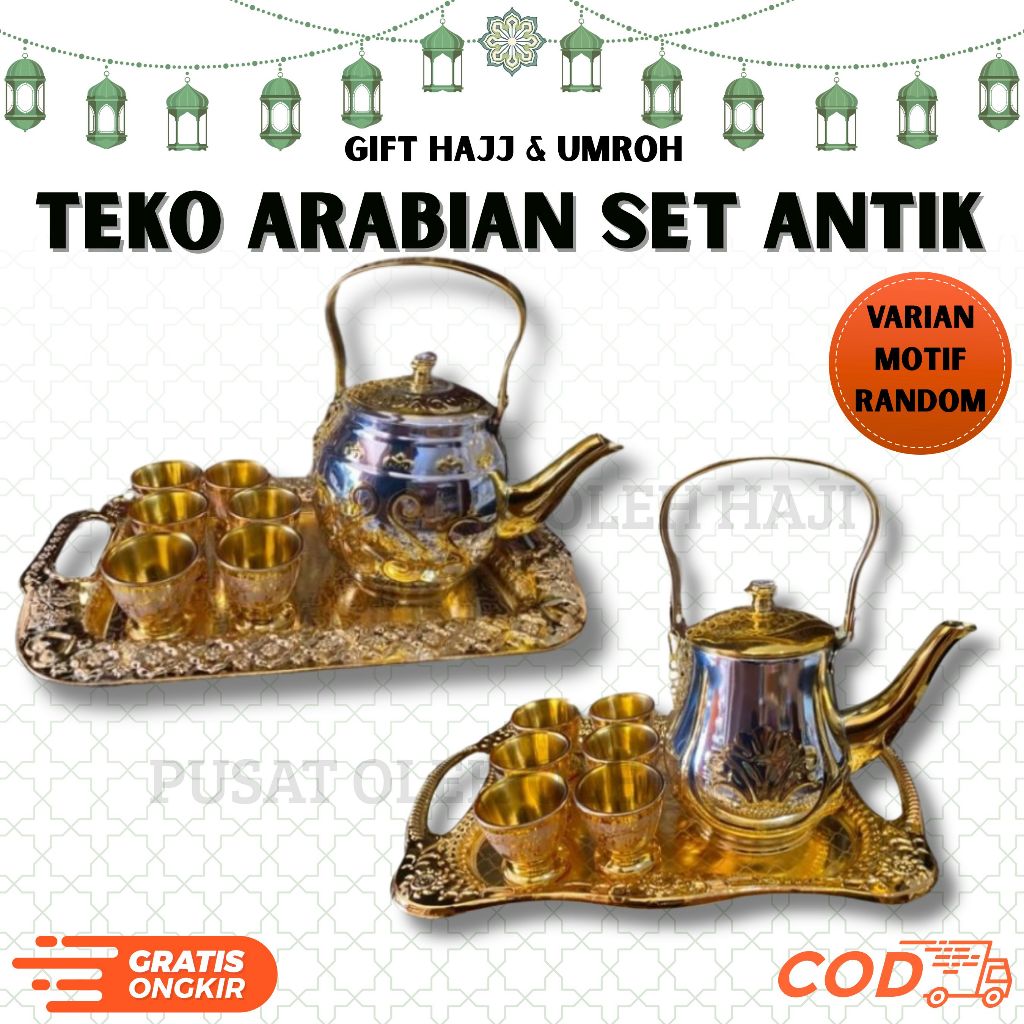 TEKO ARABIAN 1 SET ANTIK TEKO IBRIK STAINLES + NAMPAN ARABIAN GOLD STAINLES GAGANG + GELAS CUCING AN