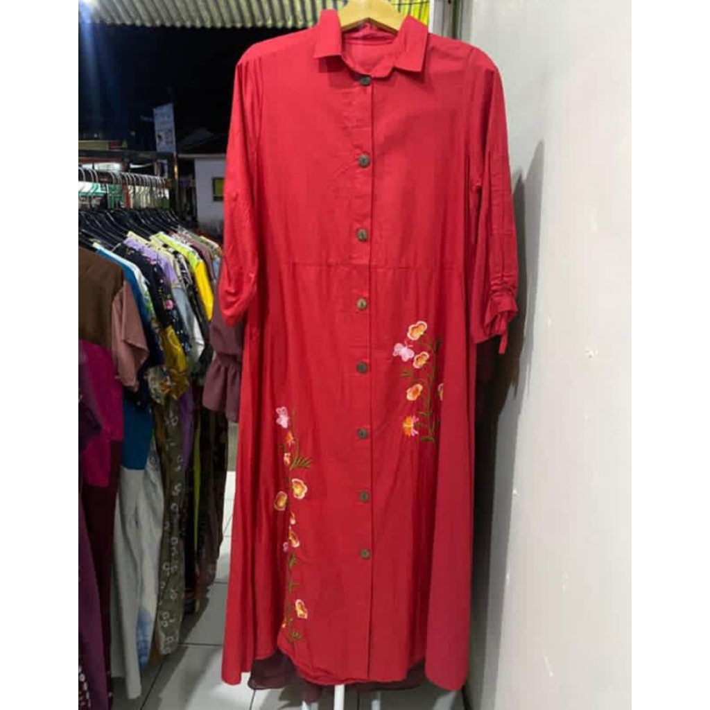 GAMIS MERAH KATUN BORDIR PREMIUM MERAH CABE PREMIUM BUSUI