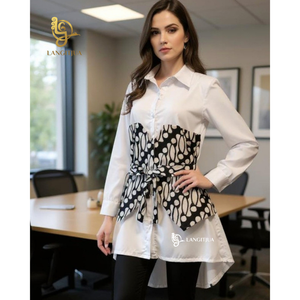 LANGITJUA - Sanaya Baju Kerja Batik Model Pinguin | Atasan Wanita Kombinasi Batik Outfit Kerja Size 