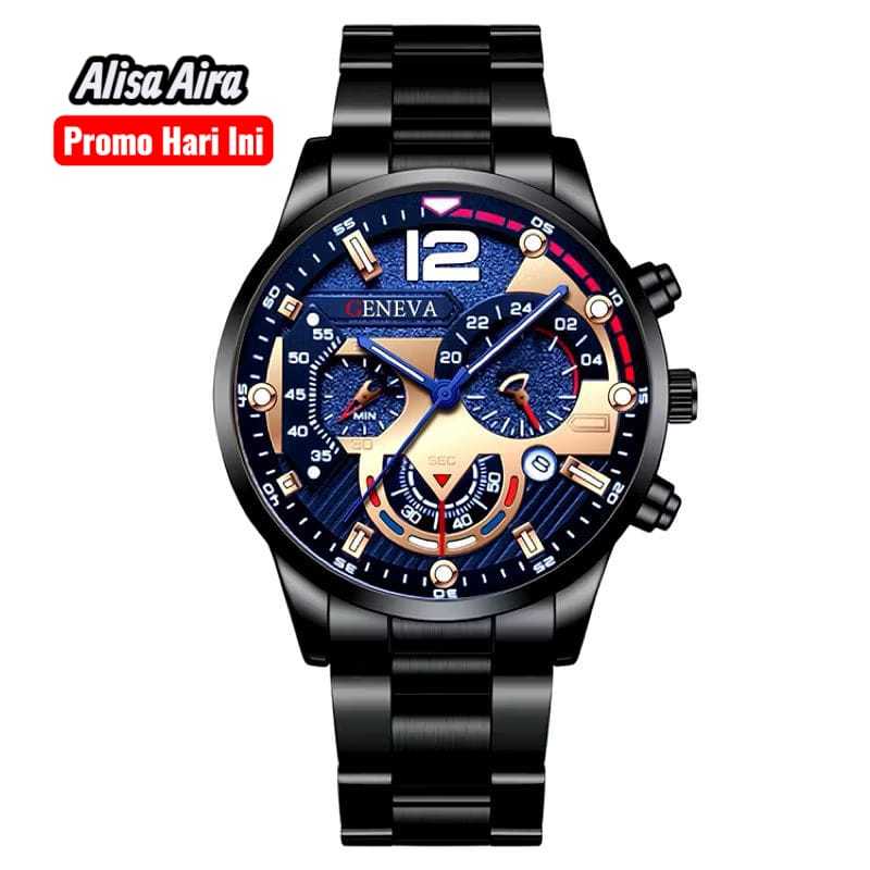 Jam Tangan Pria Rantai Mewah Style Keren Dan Berkelas Tanggal Aktif Hitam Jam Tangan Cowok