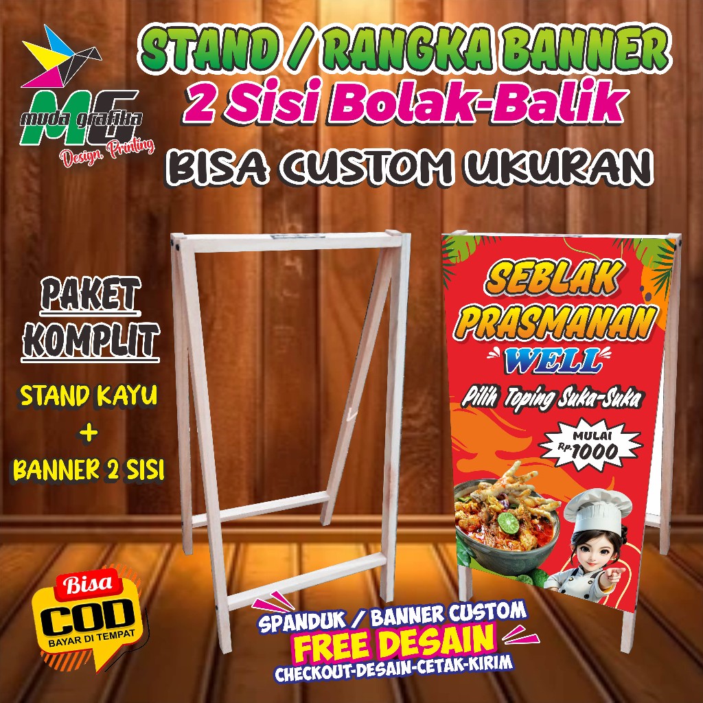 Stand Banner l Rangka Banner Kayu l stand lipat 2 sisi bolak-balik