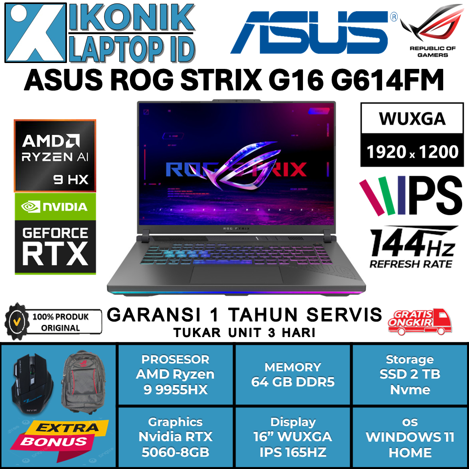 Laptop Gaming ASUS ROG STRIX G16 AMD Ryzen 9 9955HX Nvidia Geforce RTX 5060-8GB Ram 64GB Ssd 2 TB
