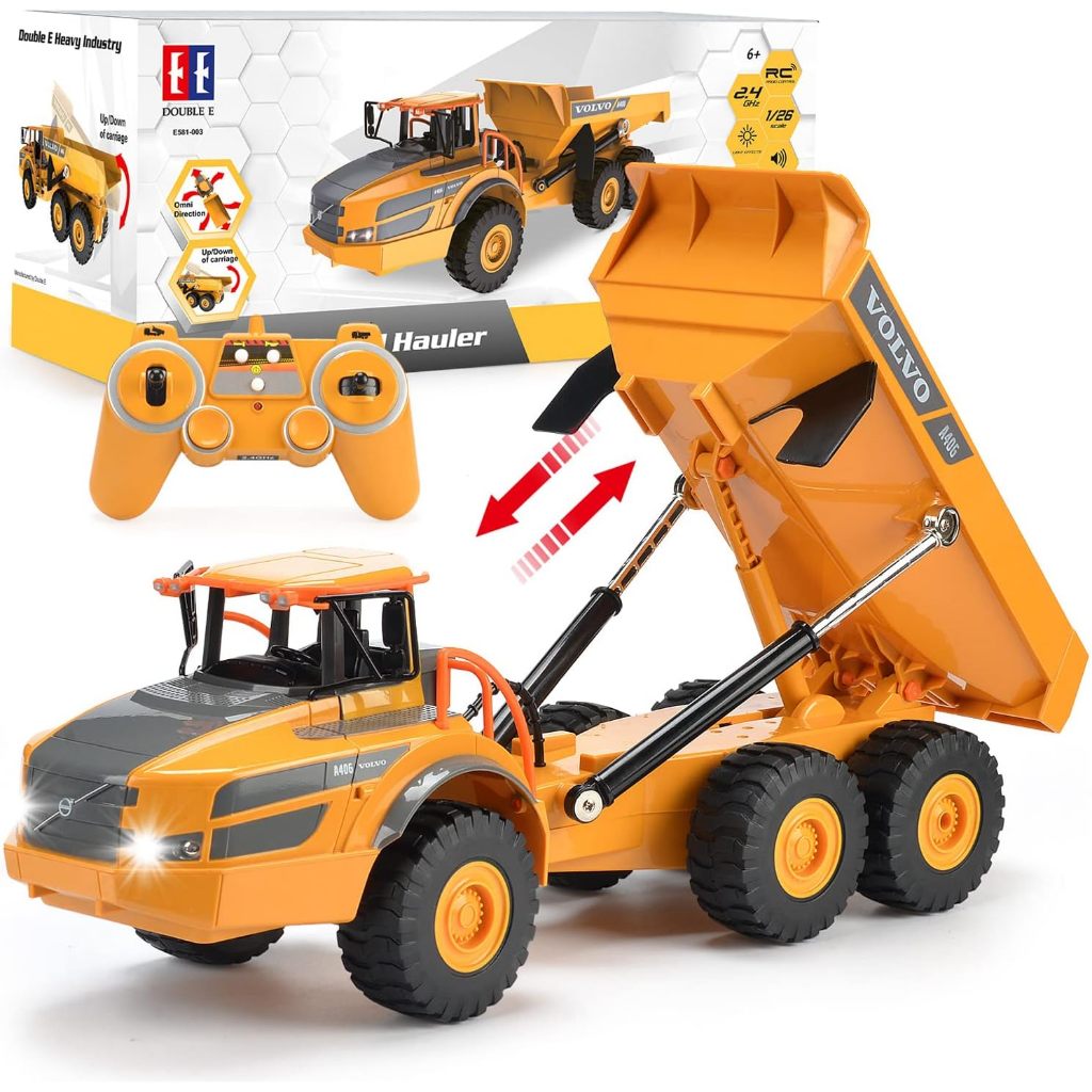 DOUBLE E Volvo RC Dump Truck Toy for Kids, Articulated Hauler, Remote Control Construction