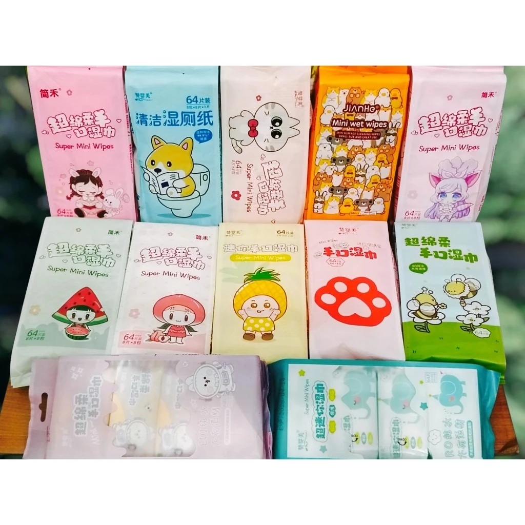 Tisu Basah Mini Karakter 1 Bungkus Isi 8 Pack | Tisu Basah Travel Non Alkohol | Tisu Basah Mini Isi 