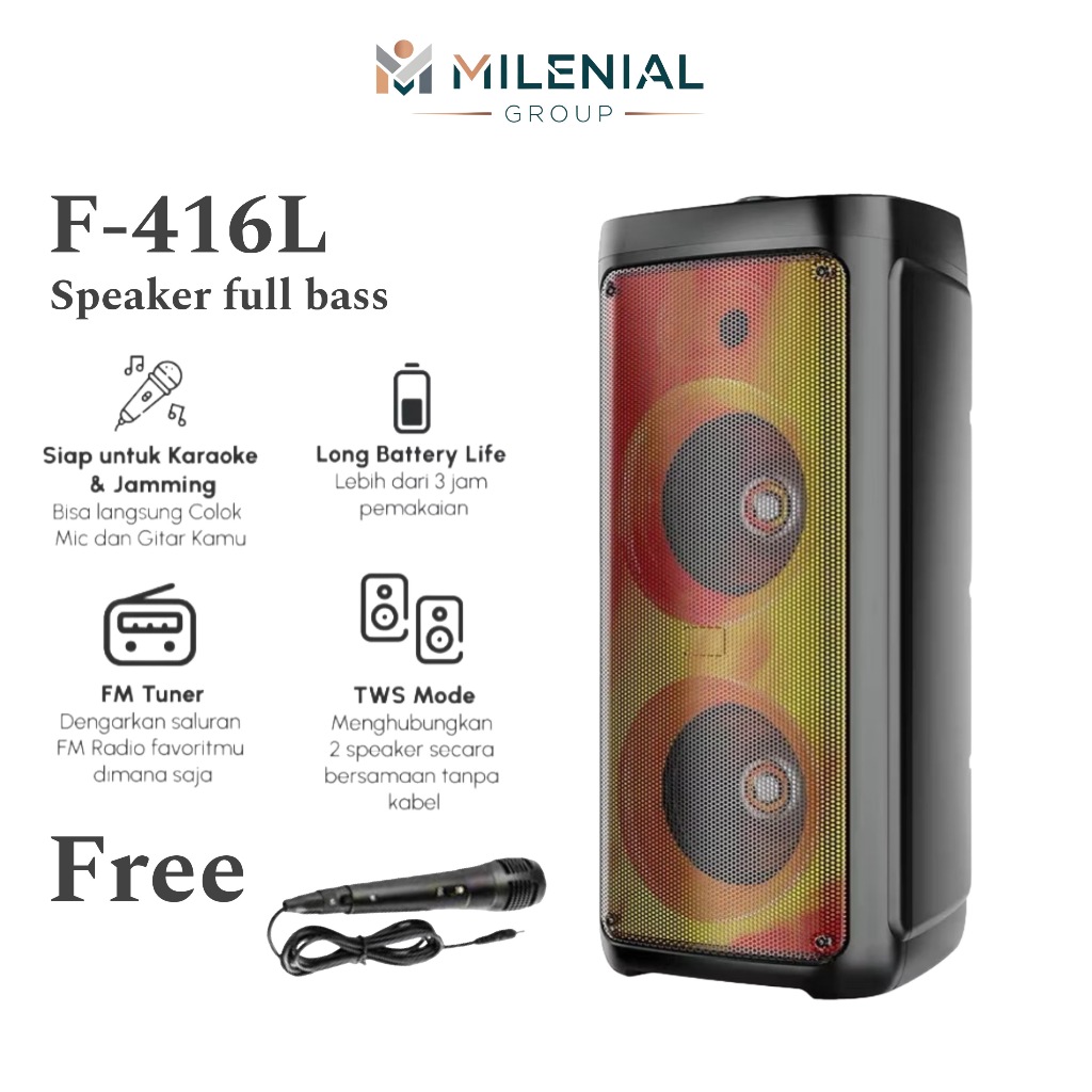 Speaker Fleco F-416L Super Bass Gratis Mic/Speaker Bluetooth Karaoke Portable Full bass/Speaker X Ba