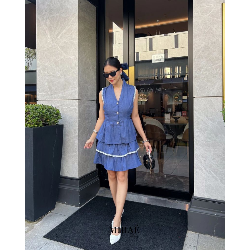 Liora Cotton Jeans Set | Mini dress | Atasan Tanpa Lengan Rok Mini | Setelan Rok Wanita Oneset M11