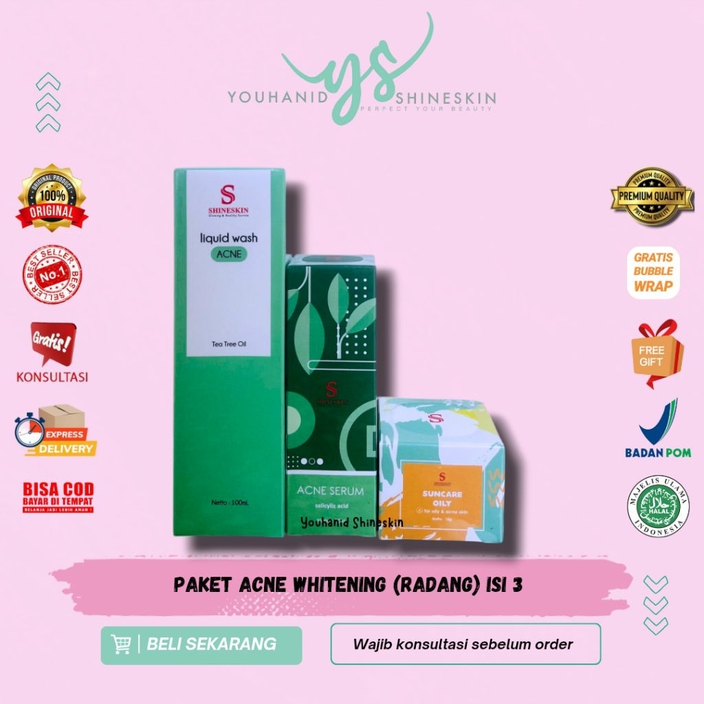 Shineskin ORIGINAL 100% paket hemat isi 3 acne whitening sensitif/bumil, jerawat radang