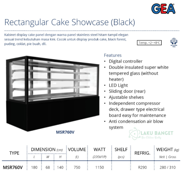 GEA Cake Showcase MSR-730V / Showcase Kue Kaca Anti Embun GEA MSR740V / Cake Showcase GEA 3 Shelf GE
