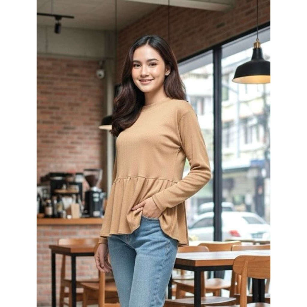 BAJU ATASAN WANITA BLOUSE REMPEL LENGAN PANJANG RIB KNIT JUMBO
