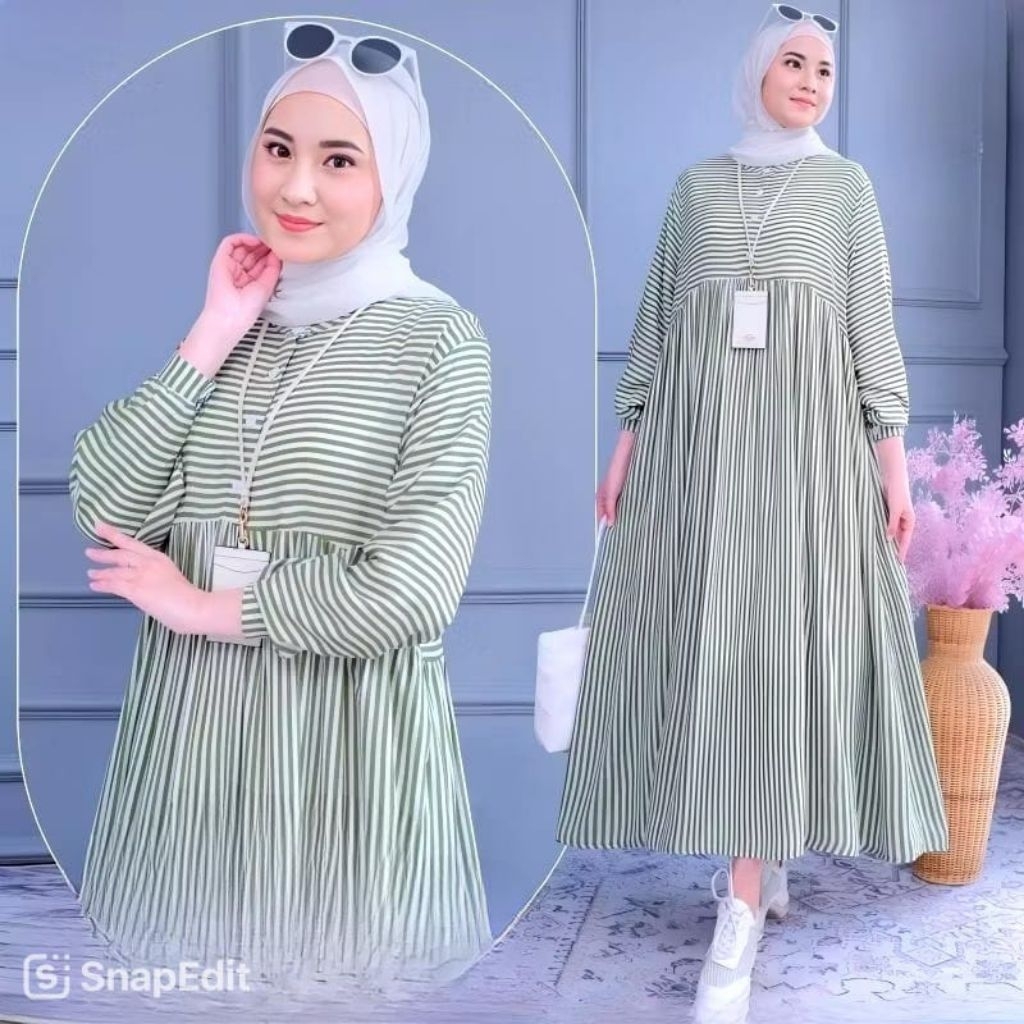 Long Tunik Strip Atasan Tunik Panjang Muslim Remaja Wanita Katun Motif Salur//midi dress