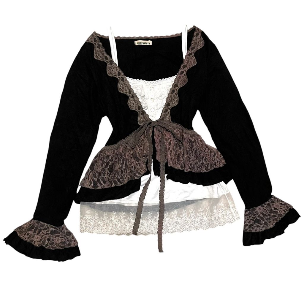 Lace Fairycore Bohemian Front Ribbon Tiered Crop Asymmetrical Cardigan | renda brukat bell sleeves l