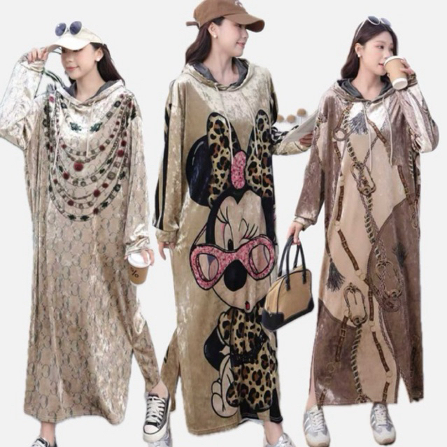 Hoodie Long Dress Velvet bludru lengan panjang Motif