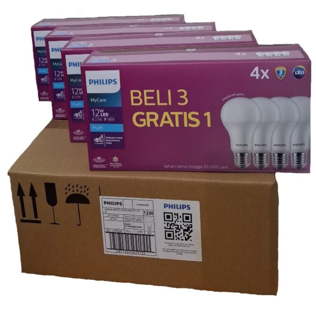 Lampu LED Philips 12 Watt 12W PUTIH | Promo 1 Dus isi 16 pcs (4 Pack) Original Garansi Resmi 3 Tahun
