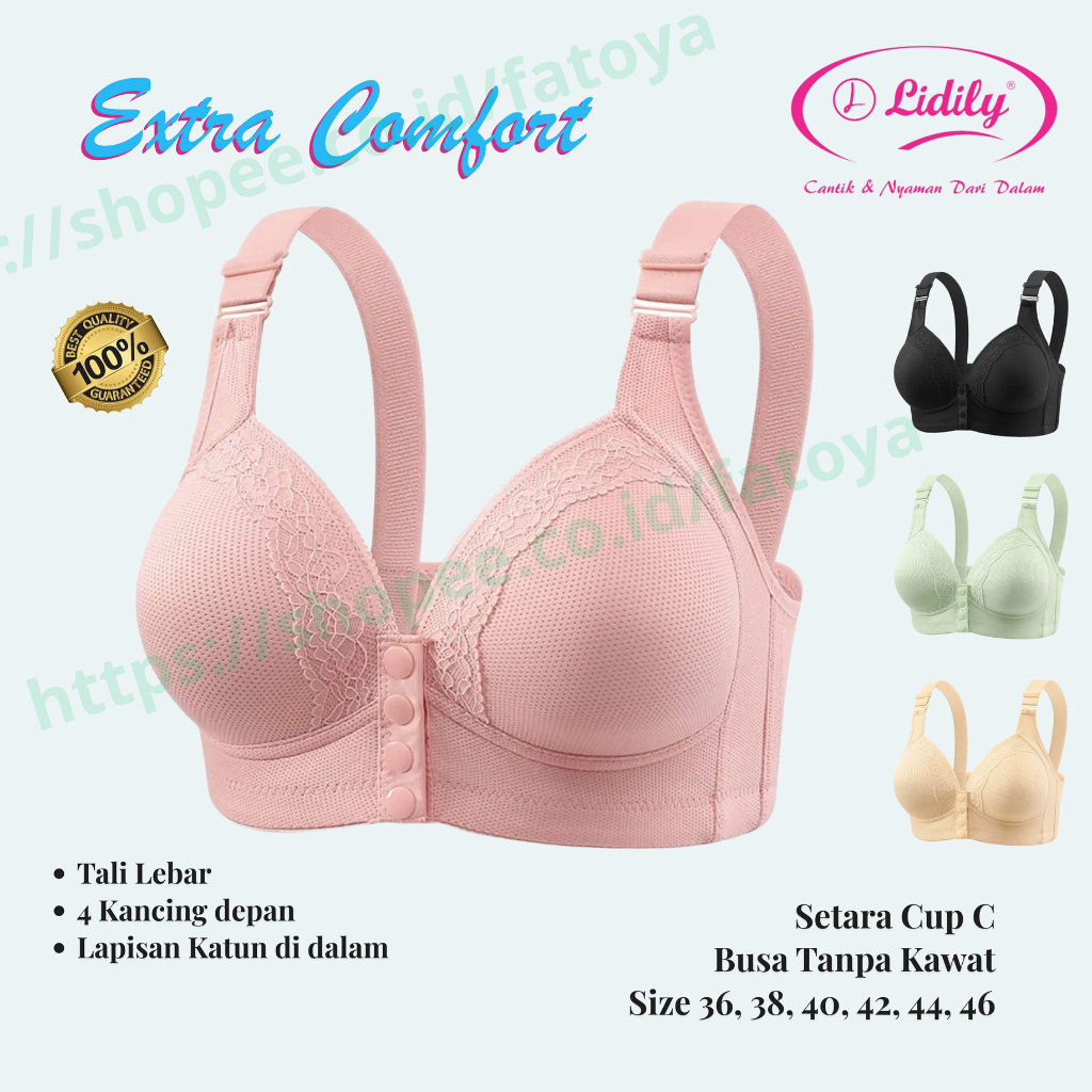 Lidily Bra Bh Extra Comfort Busa Tanpa Kawat Kancing Depan Cup Besar Setara Cup C Size 36-46