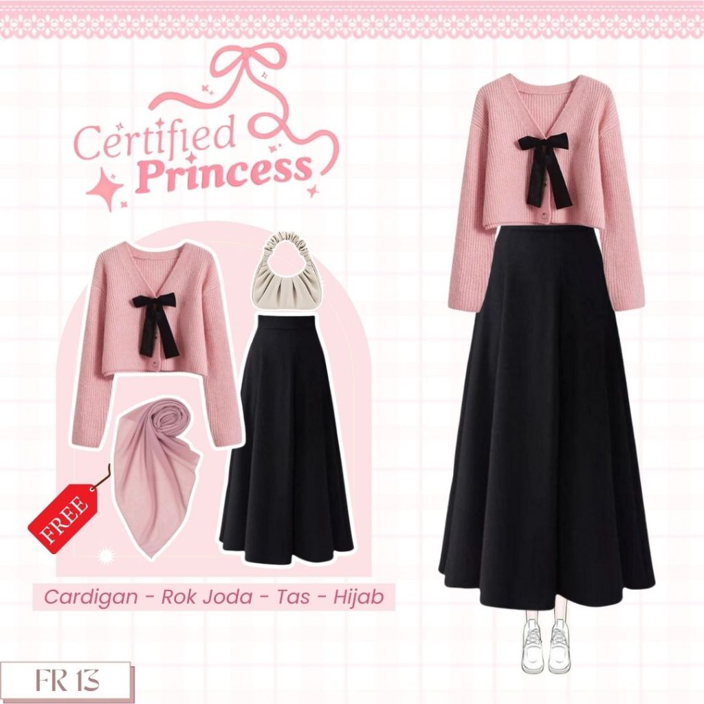 One Set Wanita Korean Stye | Cardigan Rajut Ribbon Hitam, Rok Joda Hyget Hitam, Bella Square Dusty P