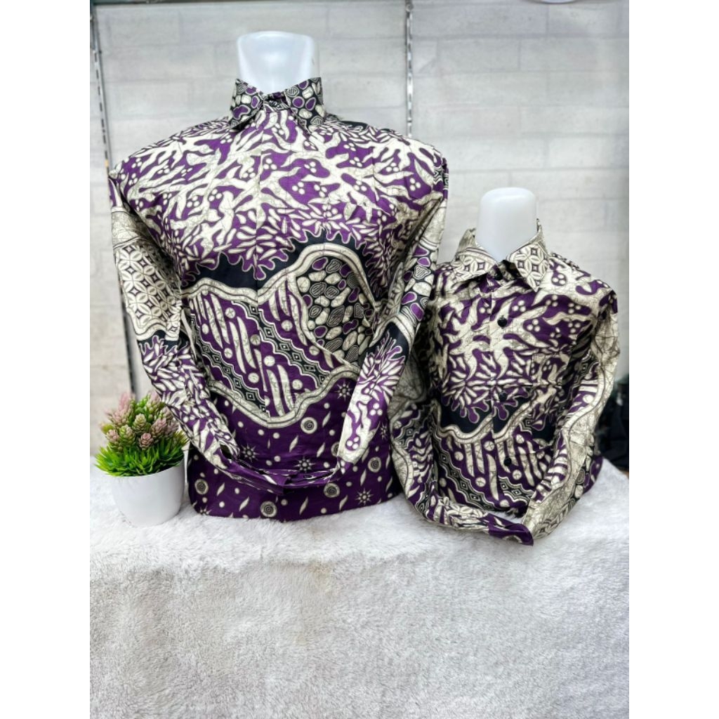 Batik Couple Bapak dan anak, Batik Lengan Panjang dan Pendek, Warna Ungu kombinasi cream, Motif Terb
