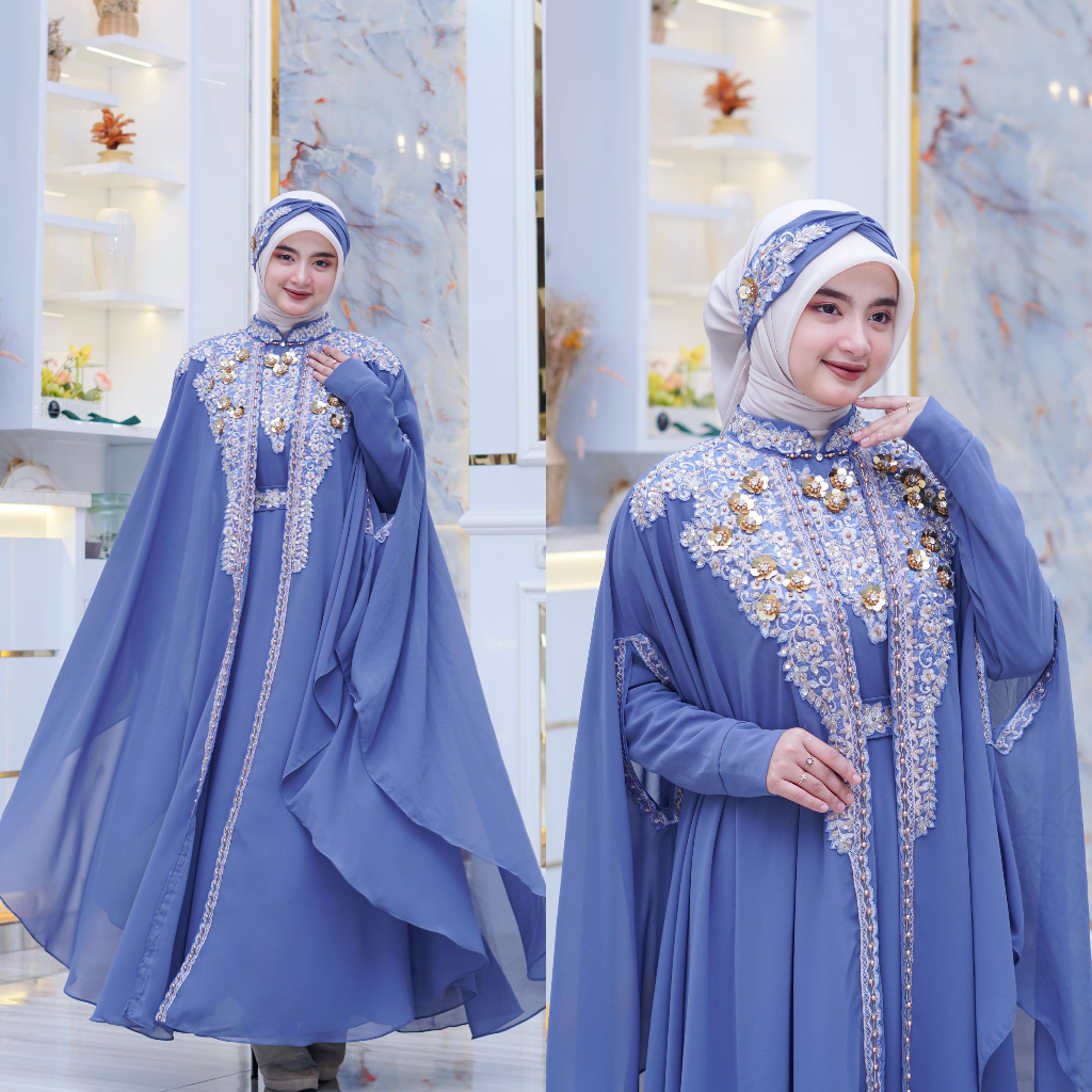 Kaftan Zeina Mewah Elegan Bahan Ceruty Babydoll Premium Set Belt Dan Turban Bordir Payet Dress Gamis