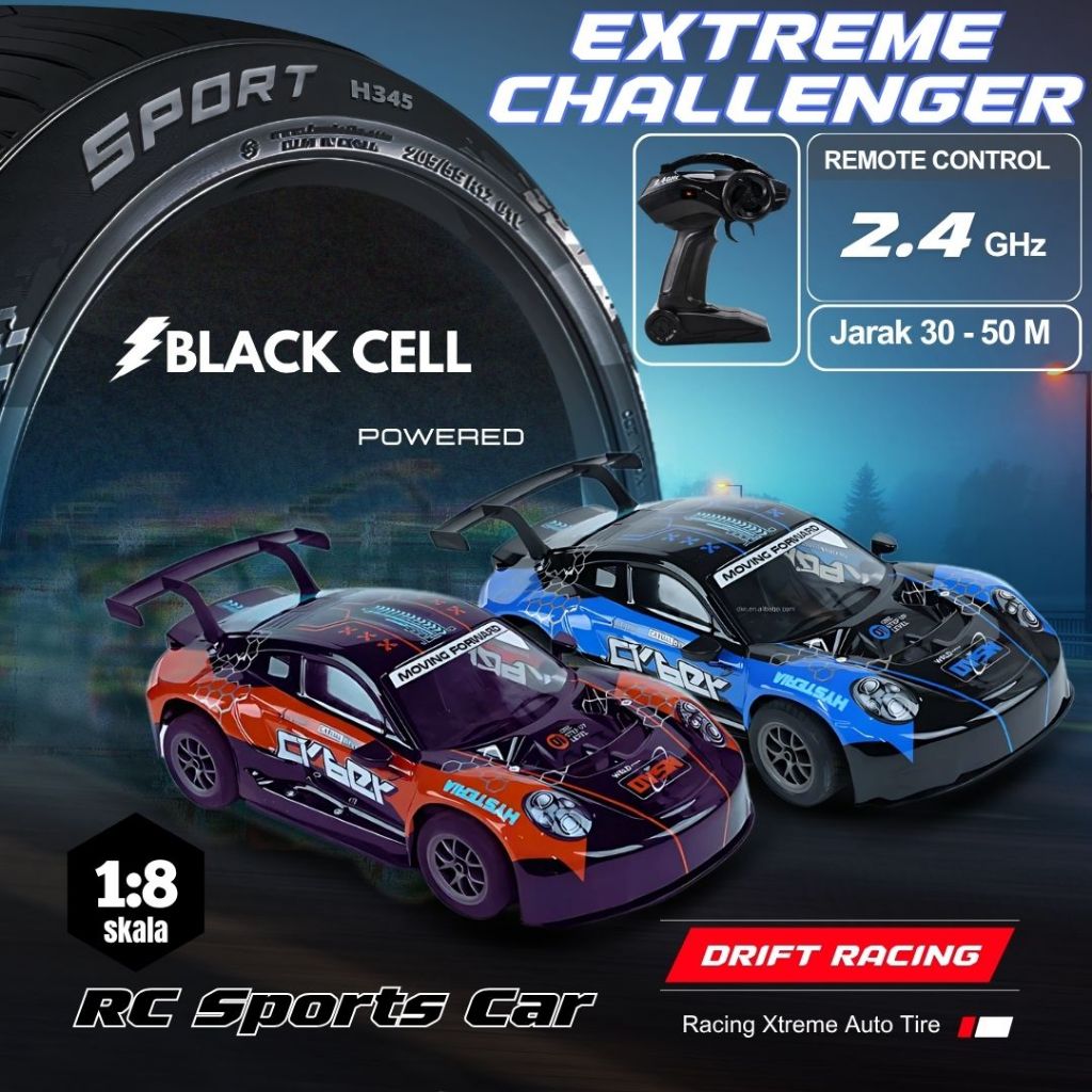 Mainan RC Drift Racing 2WD Sports Car Porsche 1:8 Big Size 35Km/H EXTREME CHALLENGER Black Cell