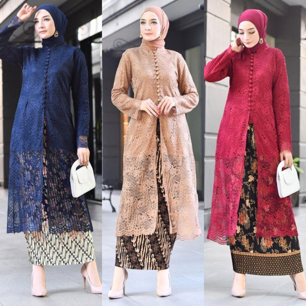 Setelan Kebaya Kancing Seribu / Setelan Kebaya Tunik Brokat Premium Maroon & Lainnya
